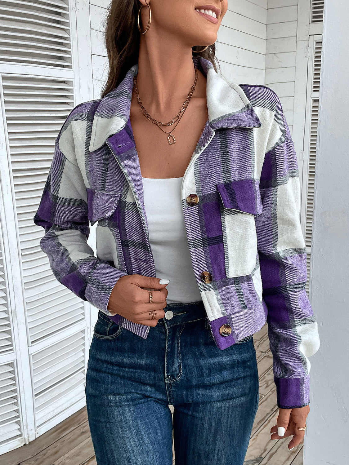 Rustic Romance Plaid Button Up Drop Shoulder Cropped Jacket