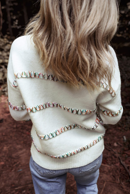 White and Rainbow Crossed Stitch Sweater