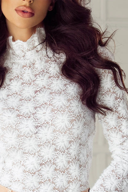 Moonlit Petals Lace Mock Neck Long Sleeve Layering Top