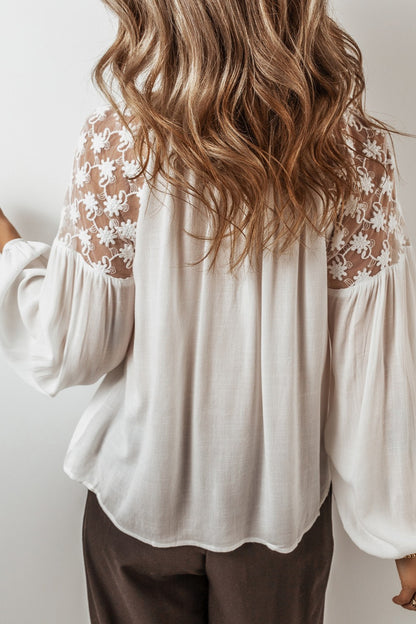 Ivory Obscura Lace Tie Neck Long Sleeve Blouse