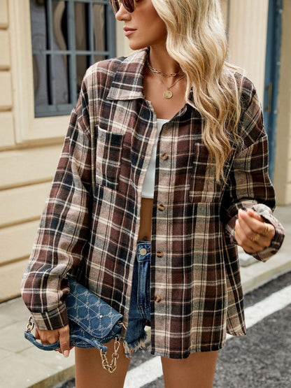 Twilight Tartan Plaid Saddle Shoulder Long Sleeve Shirt