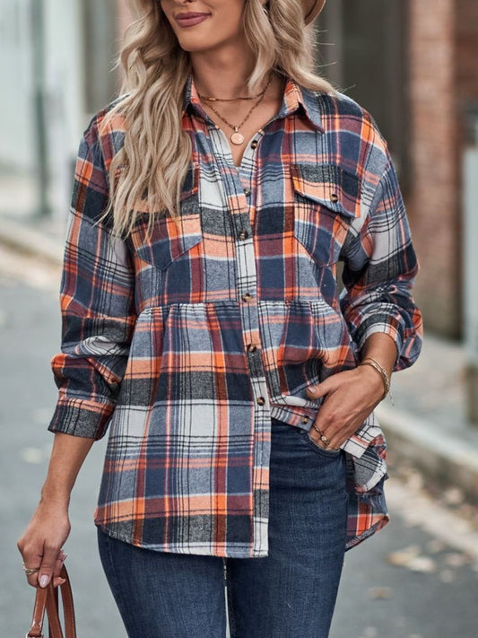 Timeless Textures Plaid Button Up Dropped Shoulder Shirt