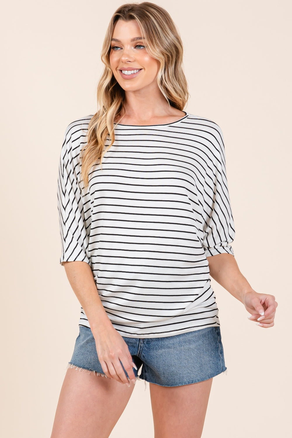 Mystic Lines Striped Boat Neck Dolman Sleeve Top