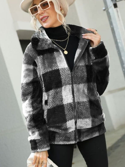 Frosted Glade Plaid Zip-Up Collared Jacket