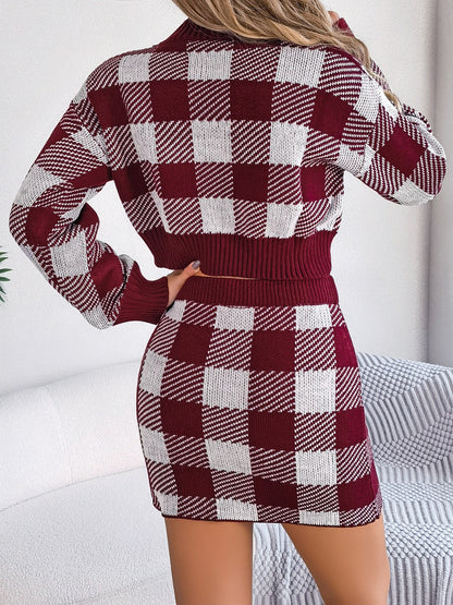 Picnic Plaid Round Neck Top and Skirt Sweater Set