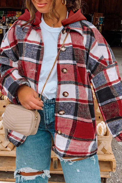 Red Delicious Plus Size Plaid Button Up Hooded Jacket