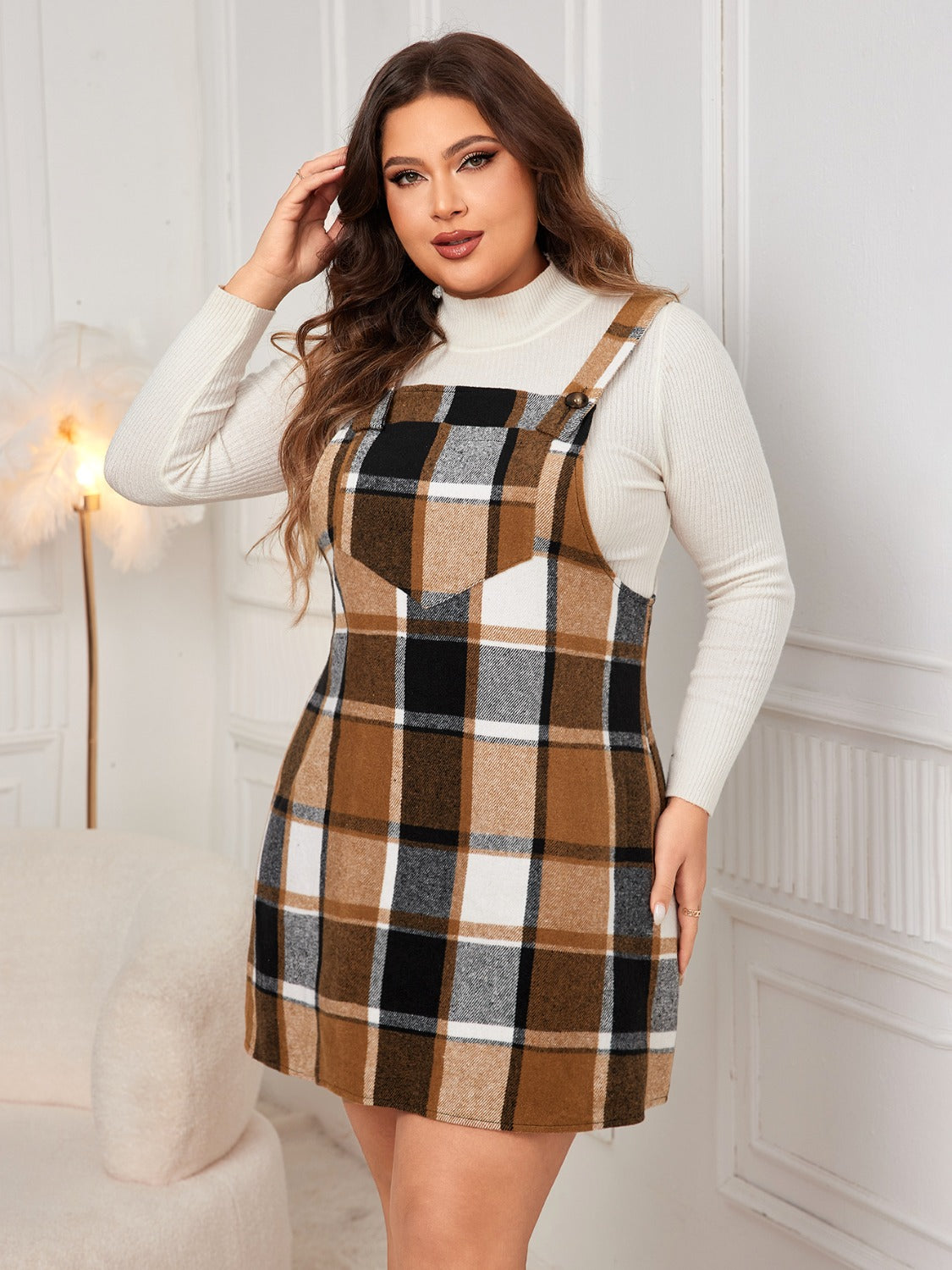 Genteel Grace Plus Size Plaid Wide Strap Overall Dress