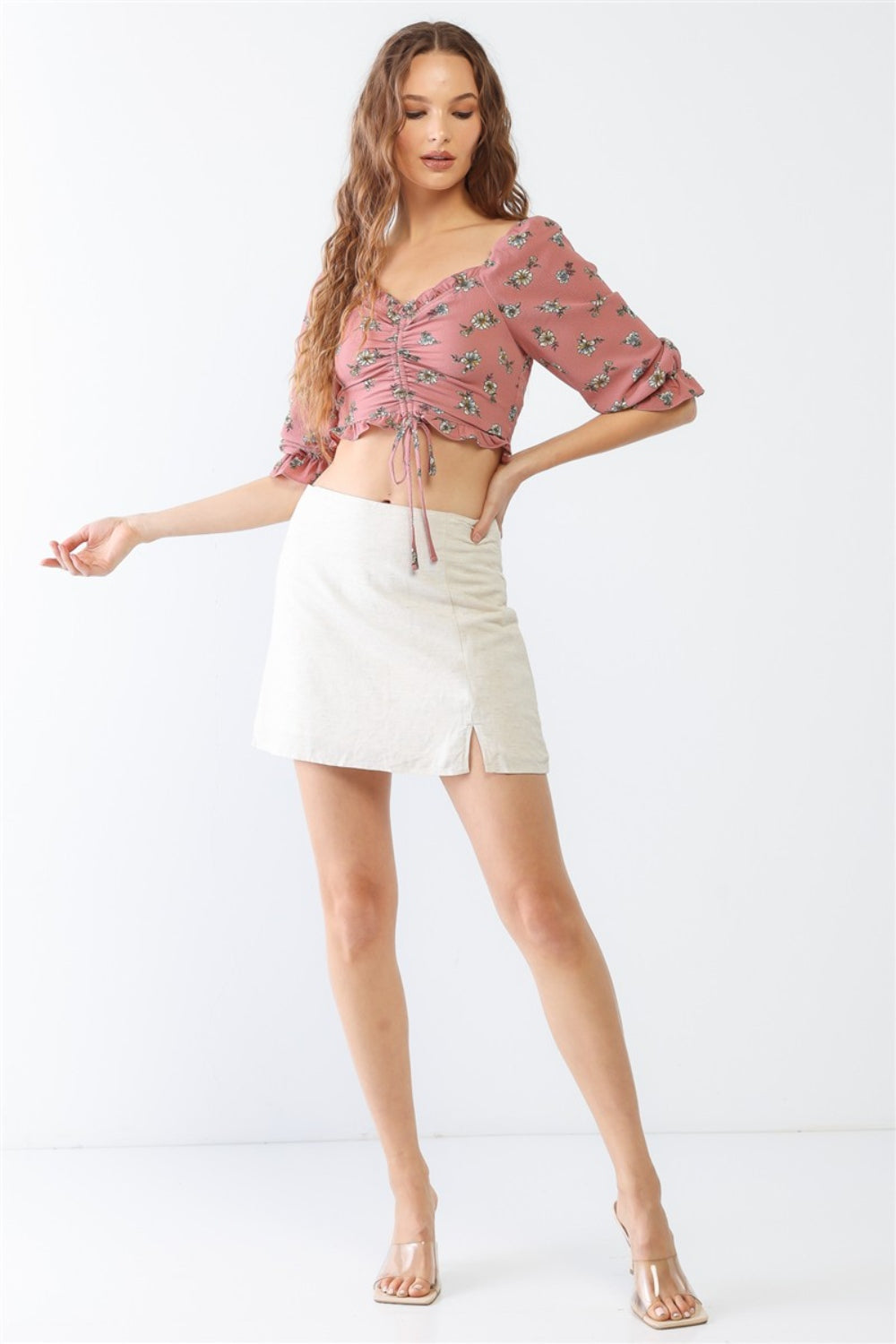 Garden Daze Floral Ruffle Smocked Back Ruched Crop Top